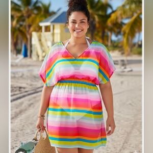 Venus Sheer Rainbow Swim Beach Cover-up Dress Size 2X Red